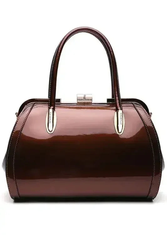 Patent Satchel Handbag - Gold Accent Faux Leather Bag