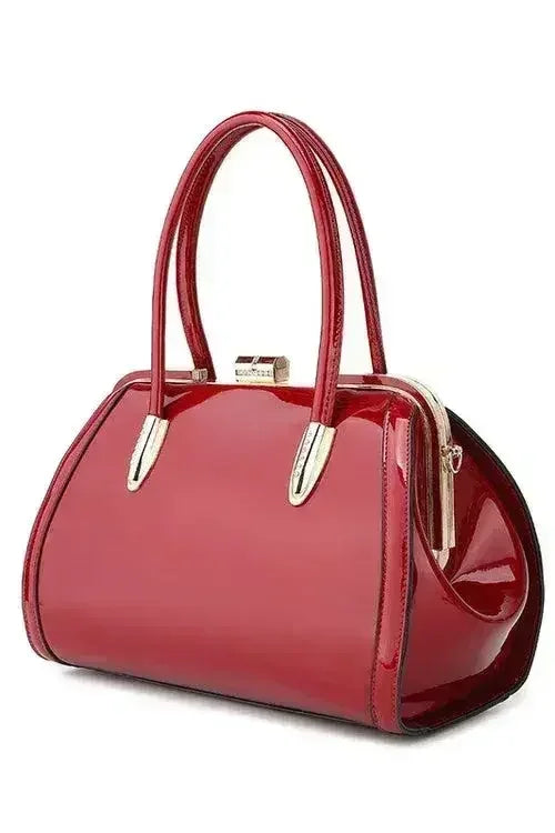 Patent Satchel Handbag - Gold Accent Faux Leather Bag