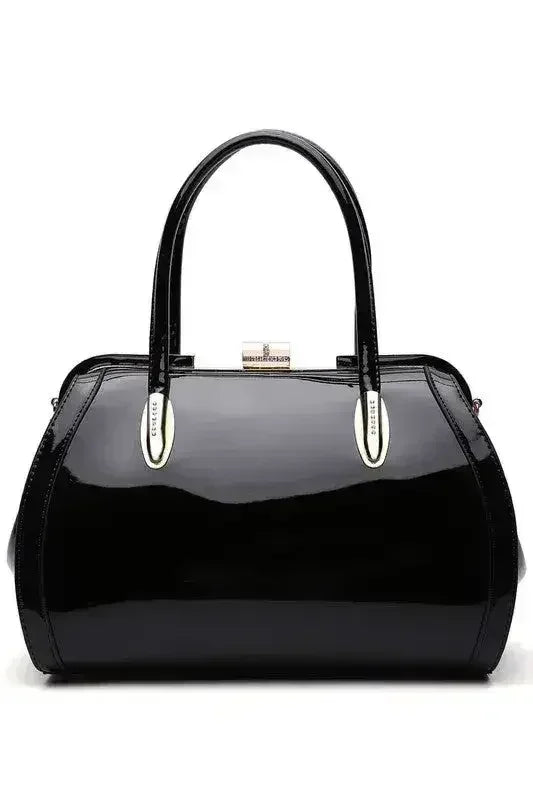 Patent Satchel Handbag - Gold Accent Faux Leather Bag