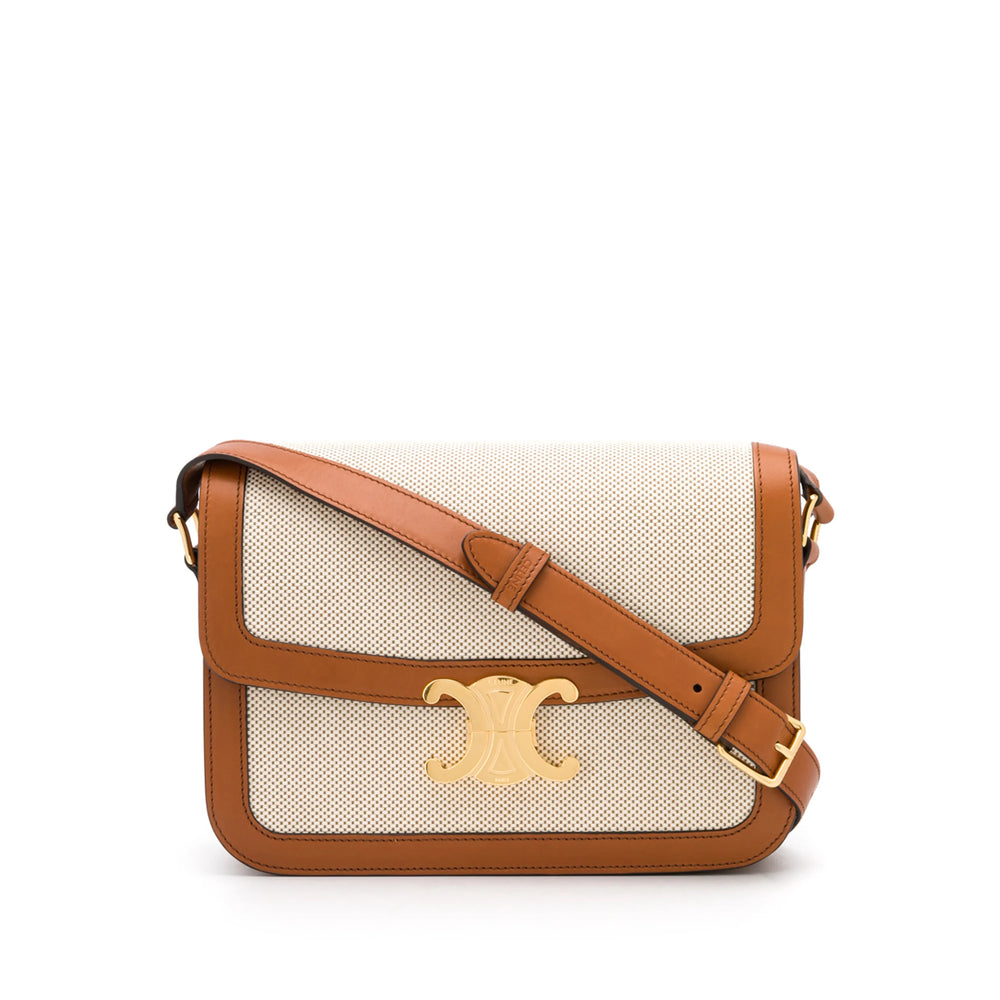 Celine Triomphe Ecru Canvas and Tan Leather Shoulder Bag
