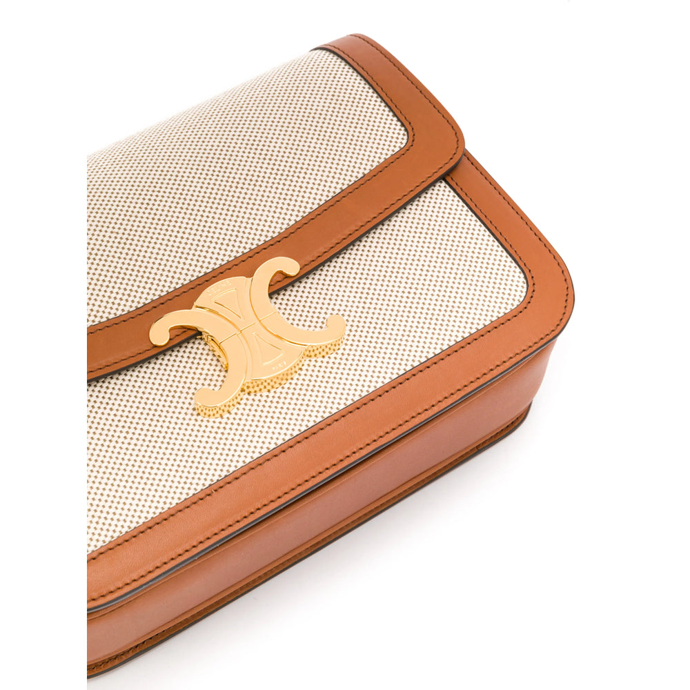 Celine Triomphe Ecru Canvas and Tan Leather Shoulder Bag