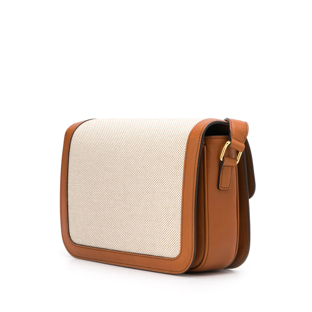 Celine Triomphe Ecru Canvas and Tan Leather Shoulder Bag