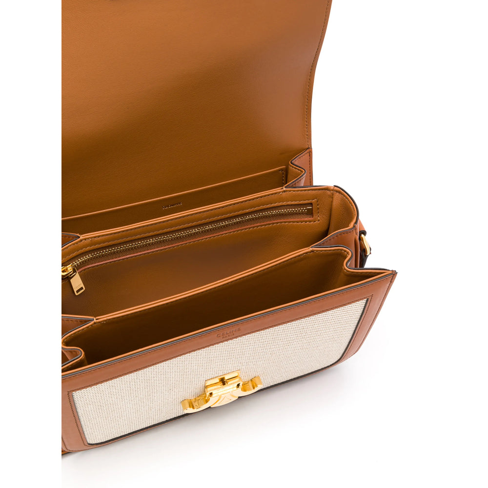 Celine Triomphe Ecru Canvas and Tan Leather Shoulder Bag
