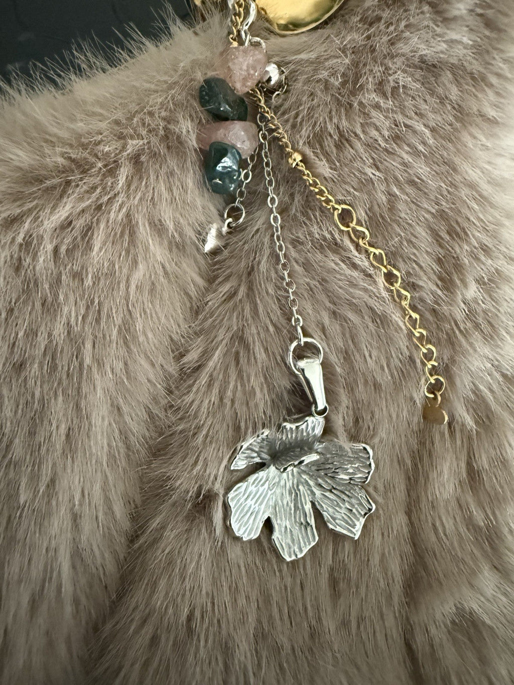Beige Handmade Faux Fur Shoulder Chains And Semi Precious Stone Charm Purse