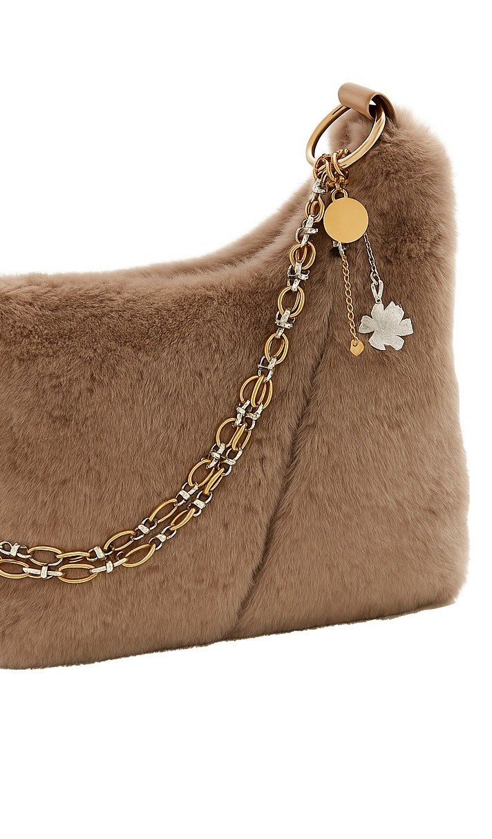 Beige Handmade Faux Fur Shoulder Chains And Semi Precious Stone Charm Purse
