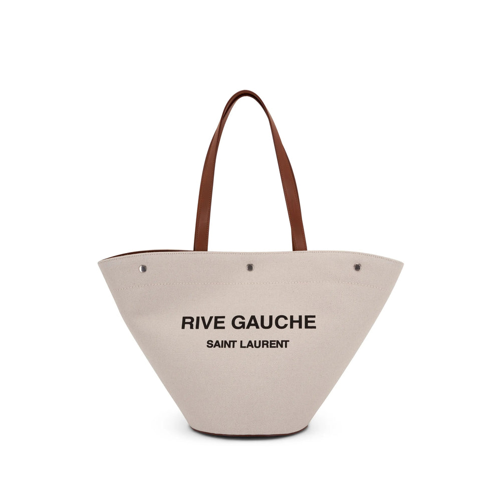 Saint Laurent Rive Gauche Cream Tote with Brown Leather Trim