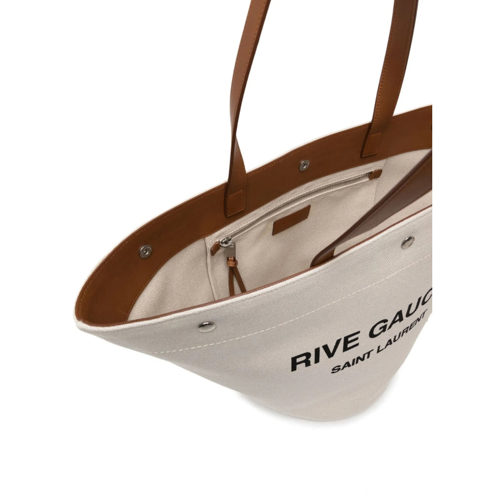 Saint Laurent Rive Gauche Cream Tote with Brown Leather Trim