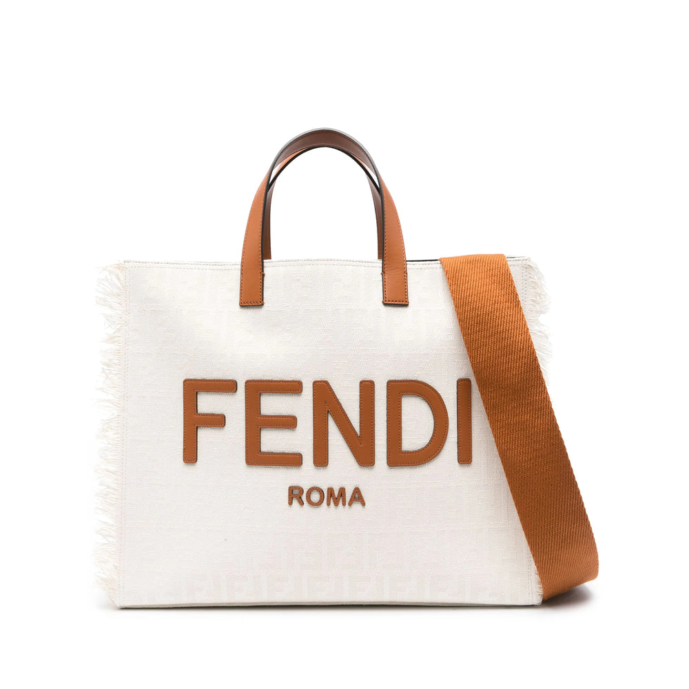Fendi Roma White Canvas Tote with Camel Leather Trim