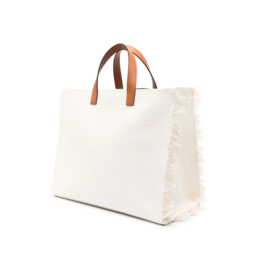 Fendi Roma White Canvas Tote with Camel Leather Trim