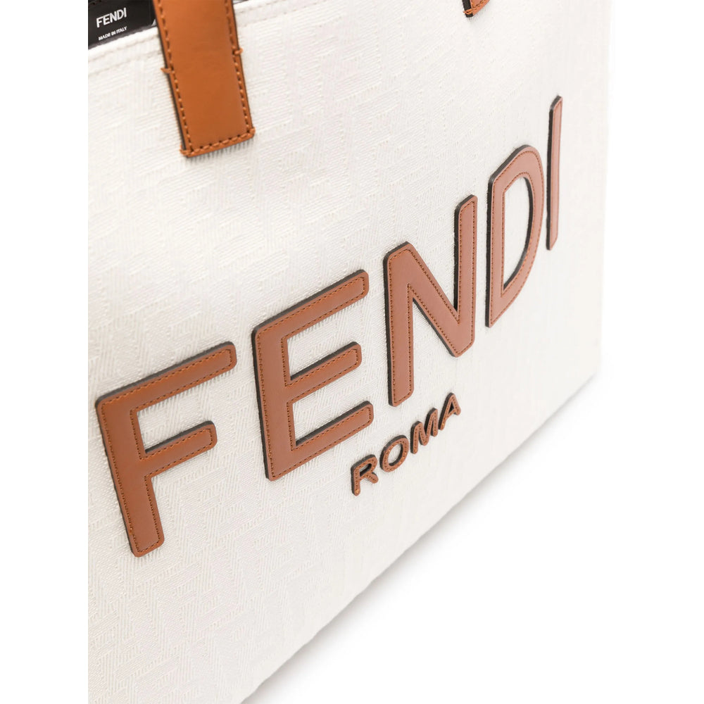 Fendi Roma White Canvas Tote with Camel Leather Trim