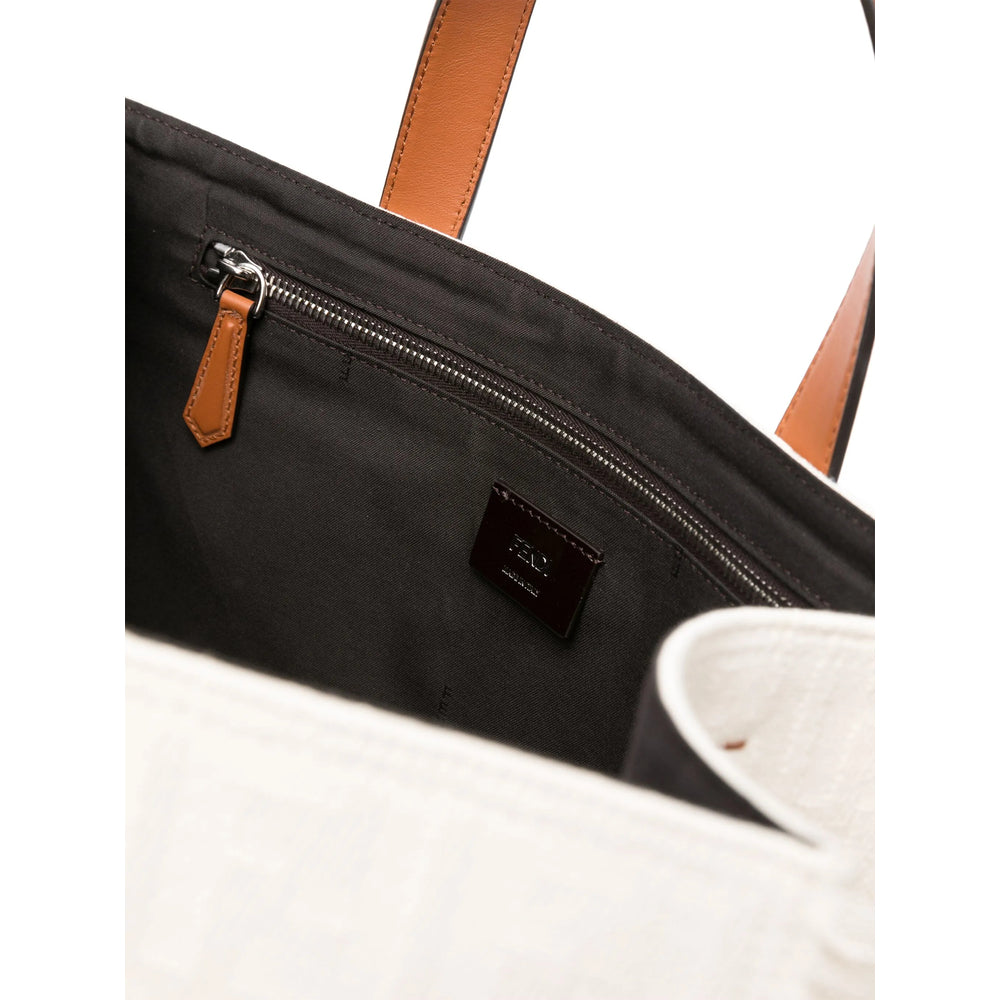 Fendi Roma White Canvas Tote with Camel Leather Trim