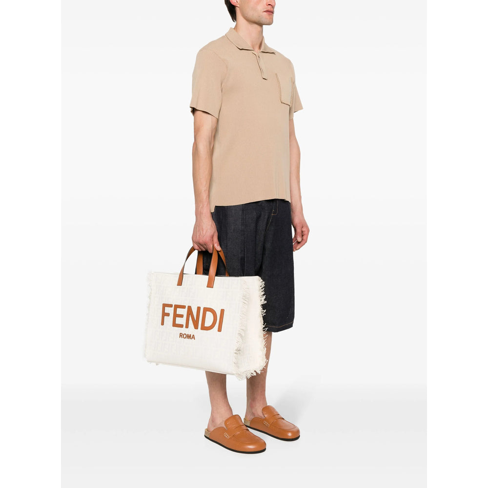 Fendi Roma White Canvas Tote with Camel Leather Trim