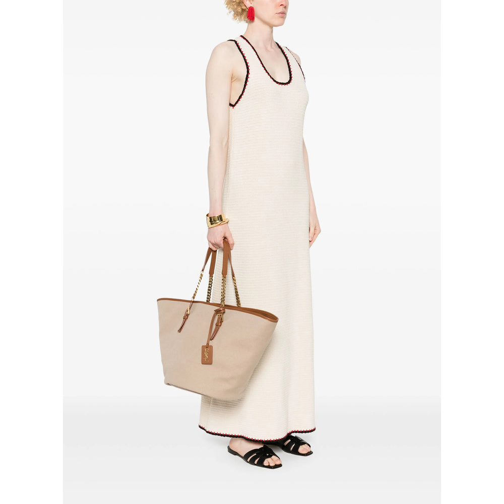 Saint Laurent Le 37 Beige Canvas Tote with Leather Trim