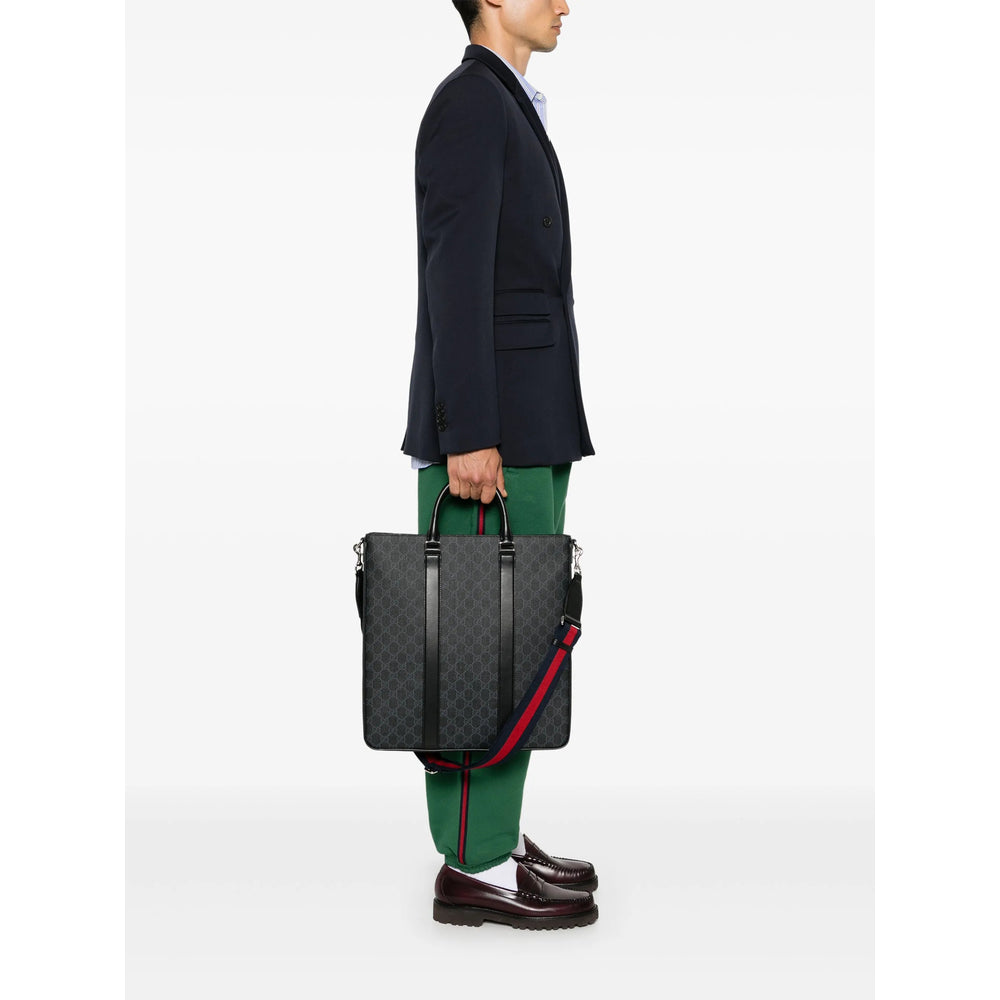 Gucci Black GG Supreme Tote Bag with Web Stra