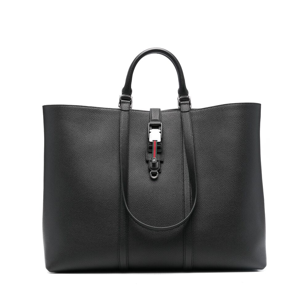 Gucci Black Leather Tote Bag with Web Buckle.