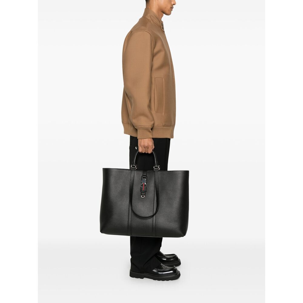 Gucci Black Leather Tote Bag with Web Buckle.