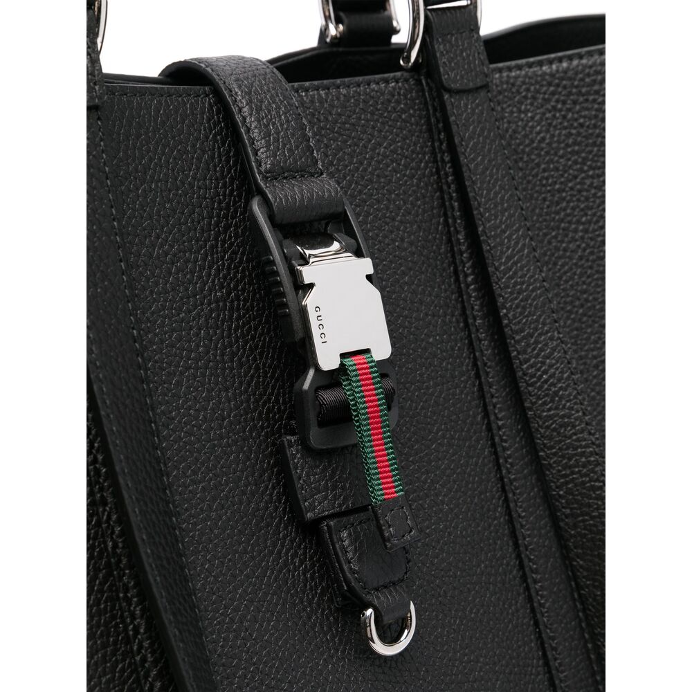Gucci Black Leather Tote Bag with Web Buckle.