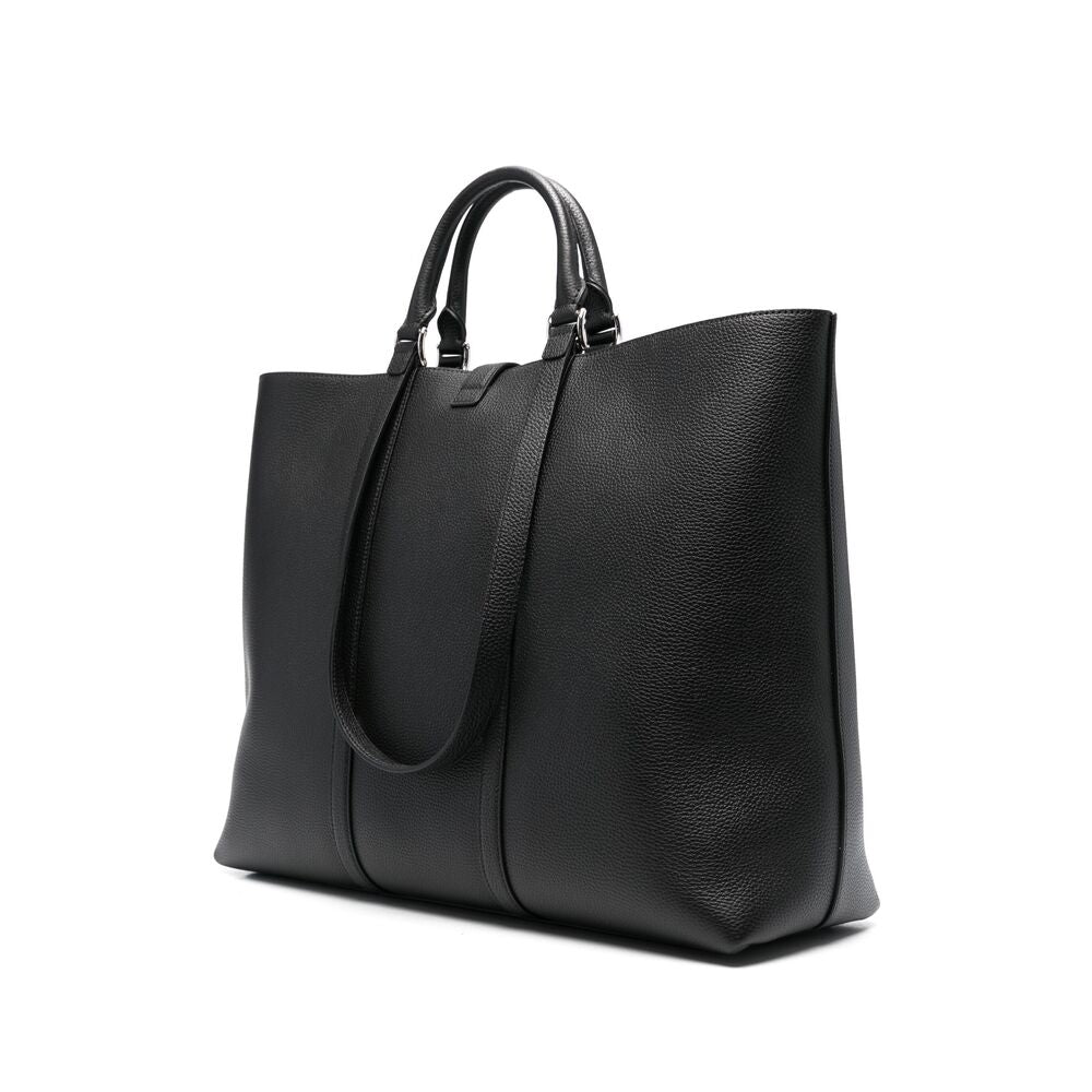 Gucci Black Leather Tote Bag with Web Buckle.