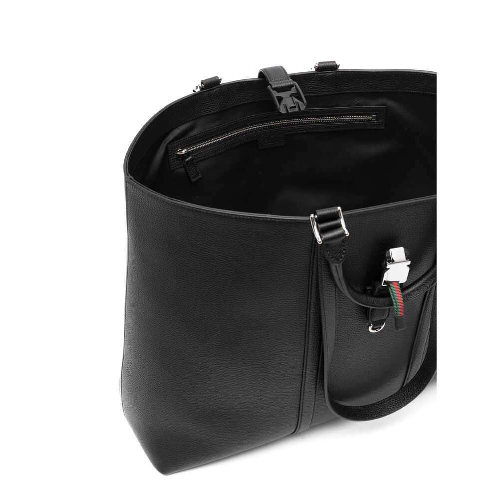 Gucci Black Leather Tote Bag with Web Buckle.