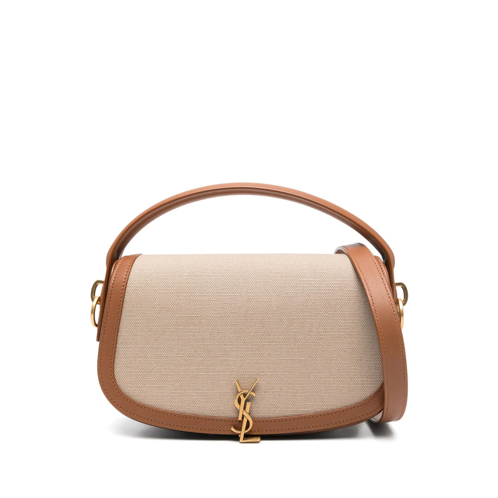 Saint Laurent Solferino Beige Canvas and Leather Satchel.