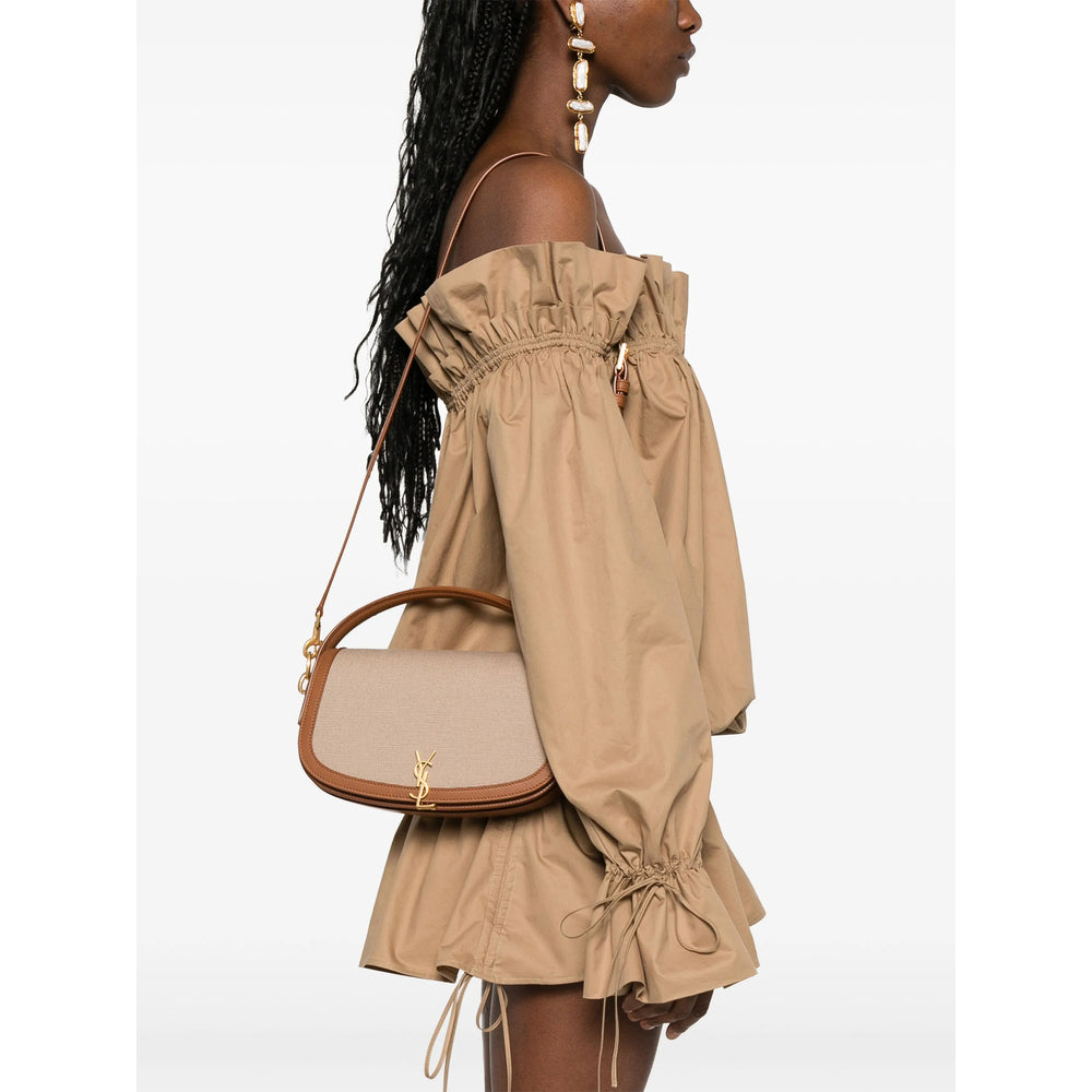 Saint Laurent Solferino Beige Canvas and Leather Satchel.