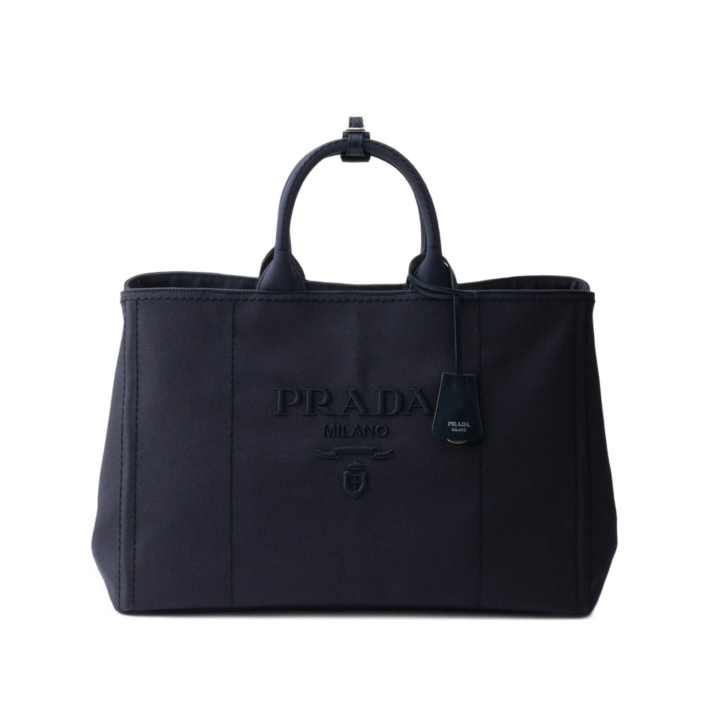 Prada Navy Blue Canvas Tote Bag with Leather Trim