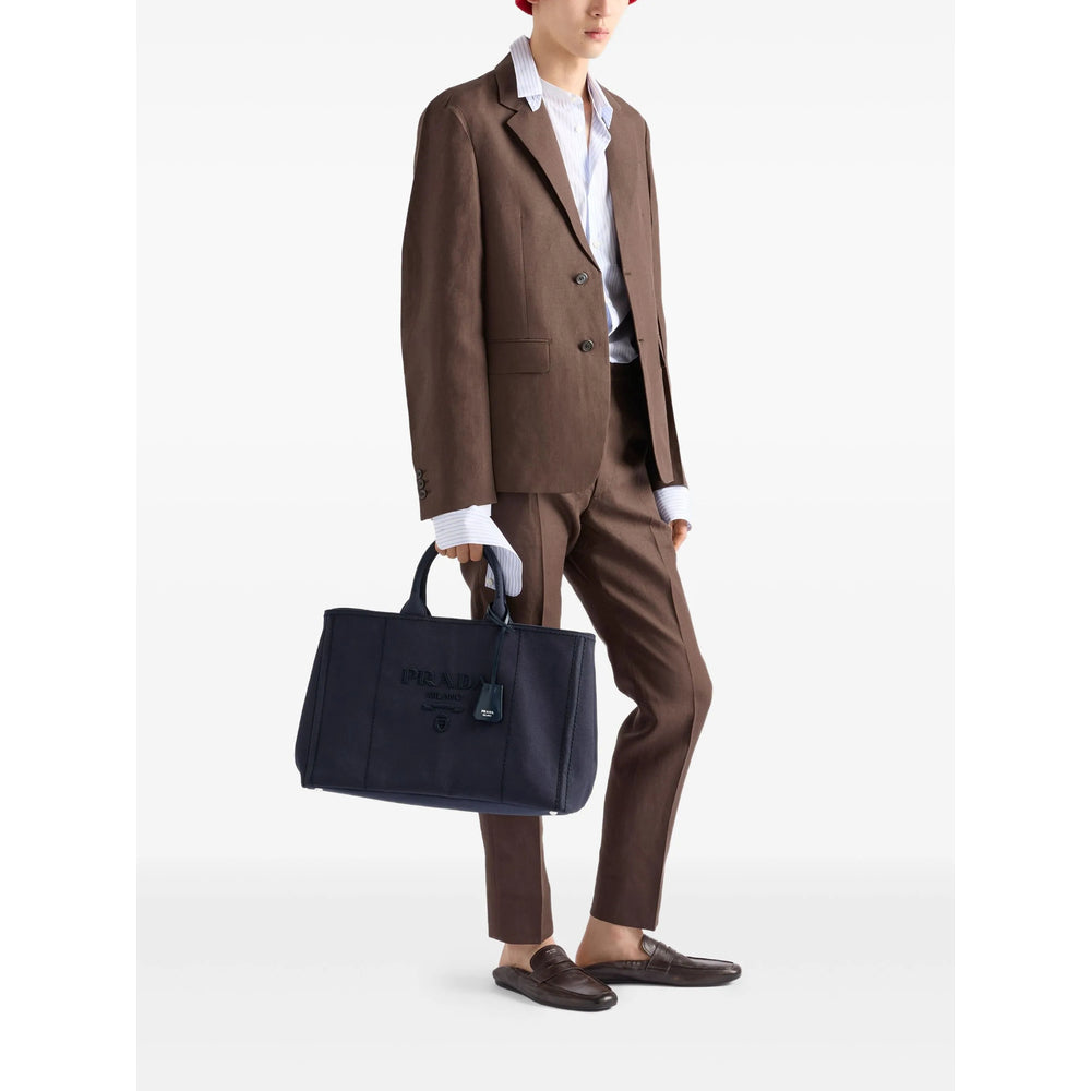 Prada Navy Blue Canvas Tote Bag with Leather Trim