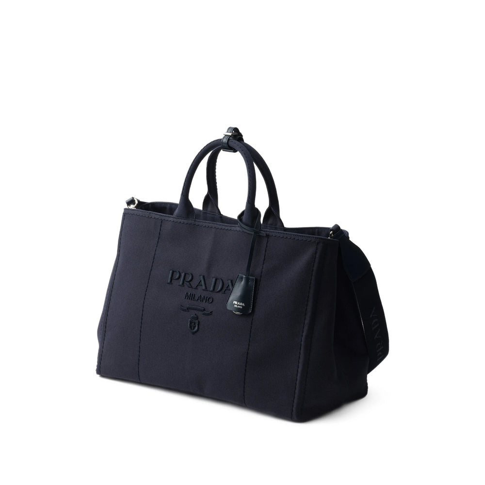 Prada Navy Blue Canvas Tote Bag with Leather Trim