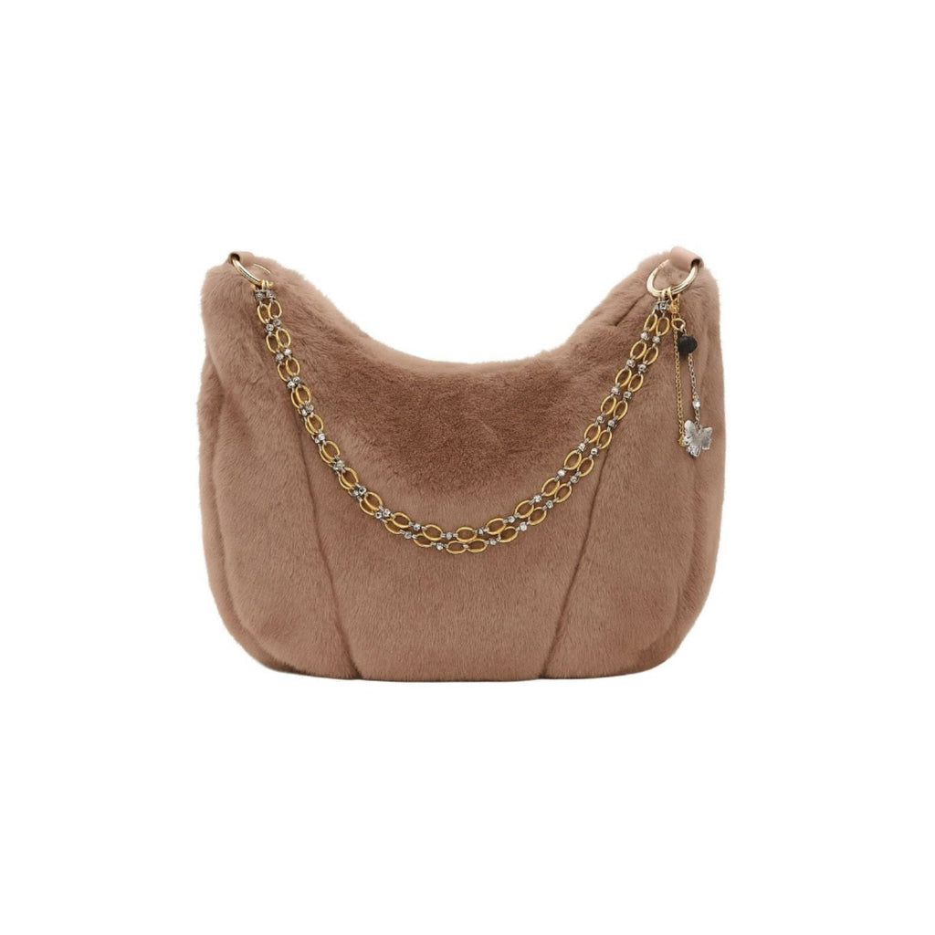 Beige Handmade Faux Fur Shoulder Chains And Semi Precious Stone Charm Purse