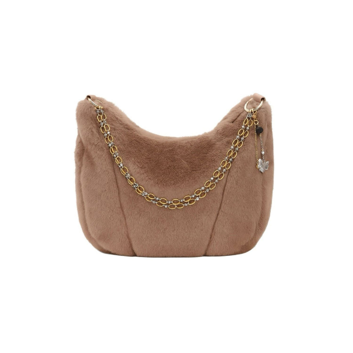 Beige Handmade Faux Fur Shoulder Chains And Semi Precious Stone Charm Purse