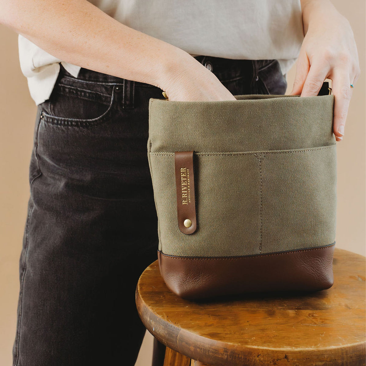 Betsy Bucket Bag | Fatigue Washed Canvas + Brown Leather